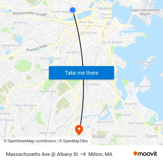 Massachusetts Ave @ Albany St to Milton, MA map