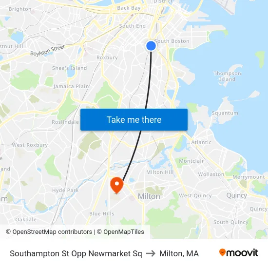 Southampton St Opp Newmarket Sq to Milton, MA map