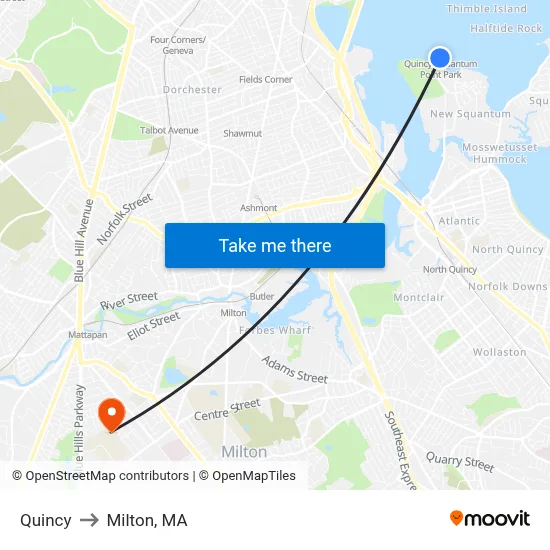 Quincy to Milton, MA map