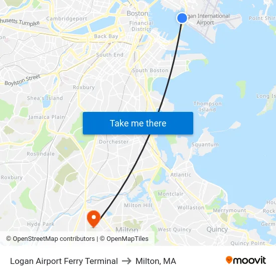 Logan Airport Ferry Terminal to Milton, MA map