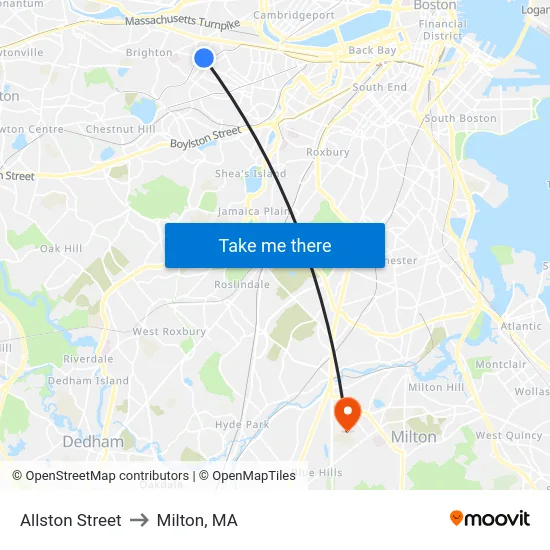 Allston Street to Milton, MA map