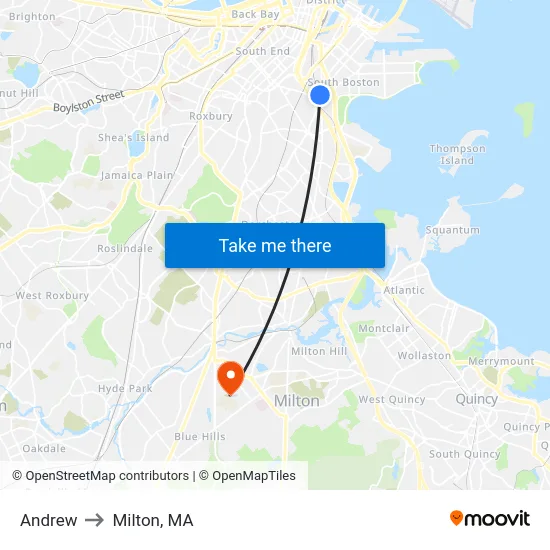 Andrew to Milton, MA map