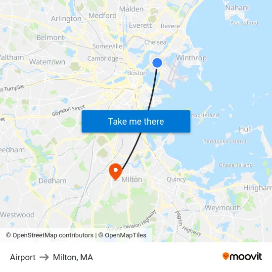Airport to Milton, MA map