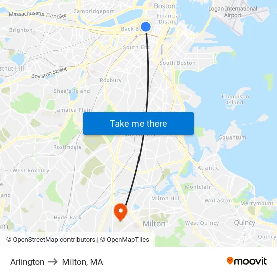 Arlington to Milton, MA map