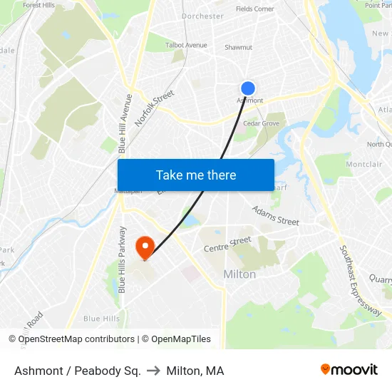 Ashmont / Peabody Sq. to Milton, MA map
