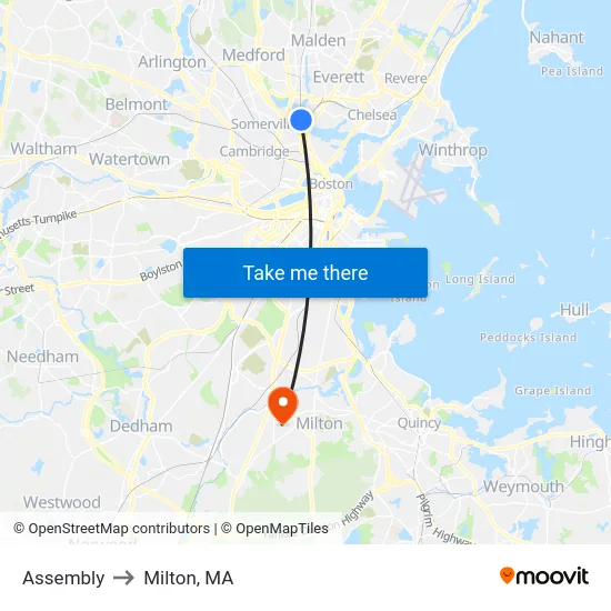 Assembly to Milton, MA map