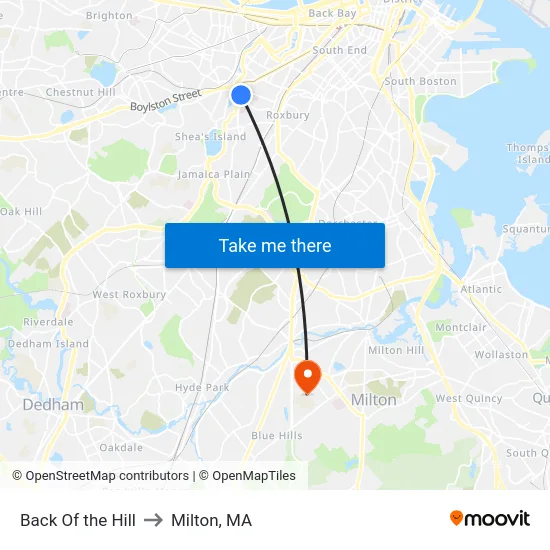 Back Of the Hill to Milton, MA map