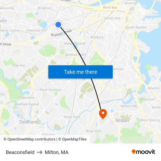 Beaconsfield to Milton, MA map