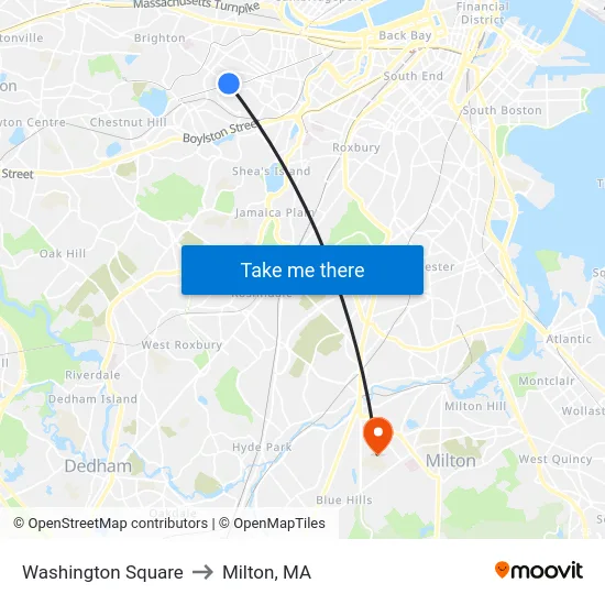 Washington Square to Milton, MA map