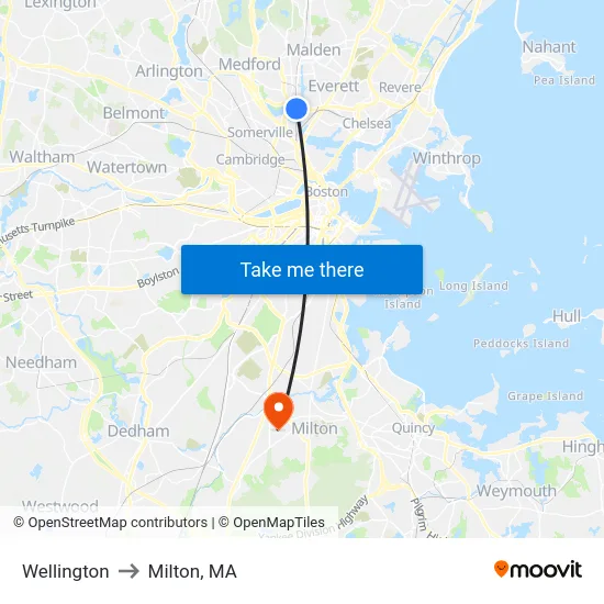 Wellington to Milton, MA map