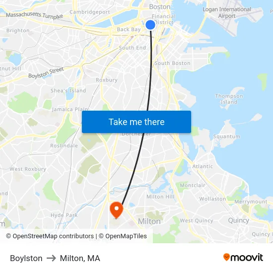 Boylston to Milton, MA map