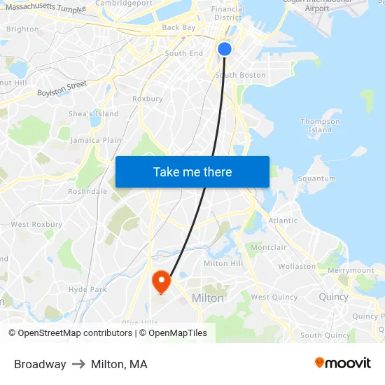 Broadway to Milton, MA map