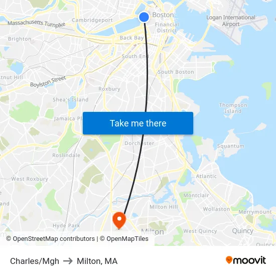 Charles/Mgh to Milton, MA map