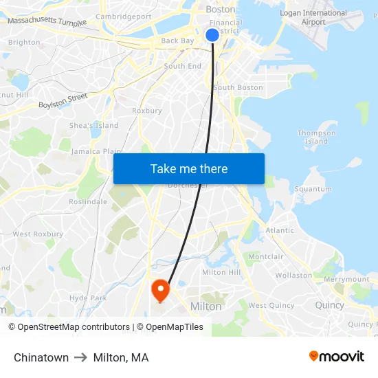 Chinatown to Milton, MA map