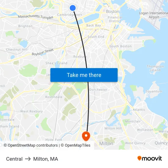 Central to Milton, MA map