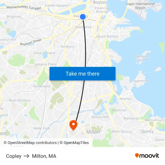 Copley to Milton, MA map
