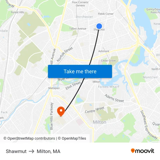 Shawmut to Milton, MA map