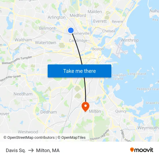 Davis Sq. to Milton, MA map
