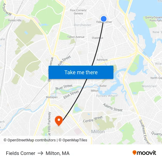 Fields Corner to Milton, MA map