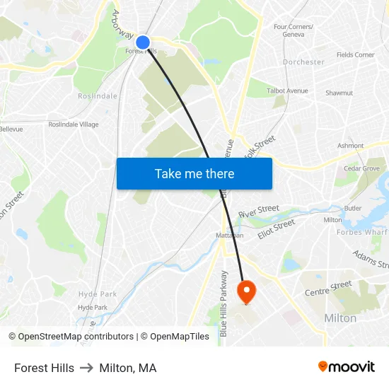 Forest Hills to Milton, MA map