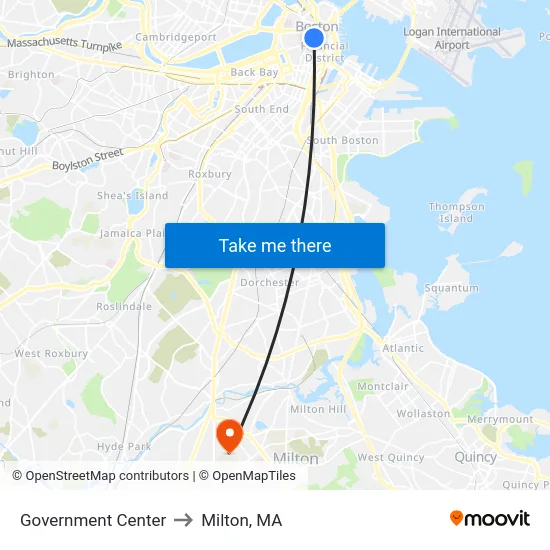 Government Center to Milton, MA map