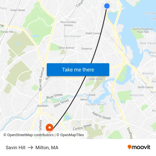 Savin Hill to Milton, MA map