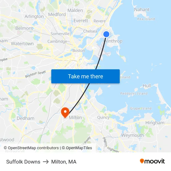 Suffolk Downs to Milton, MA map