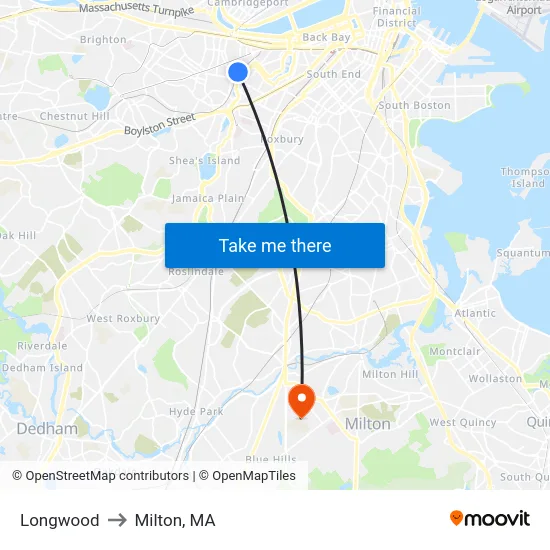 Longwood to Milton, MA map