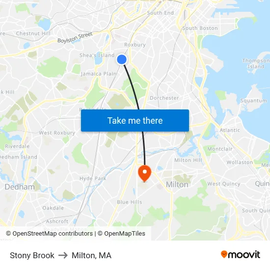 Stony Brook to Milton, MA map