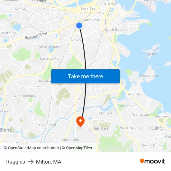 Ruggles to Milton, MA map