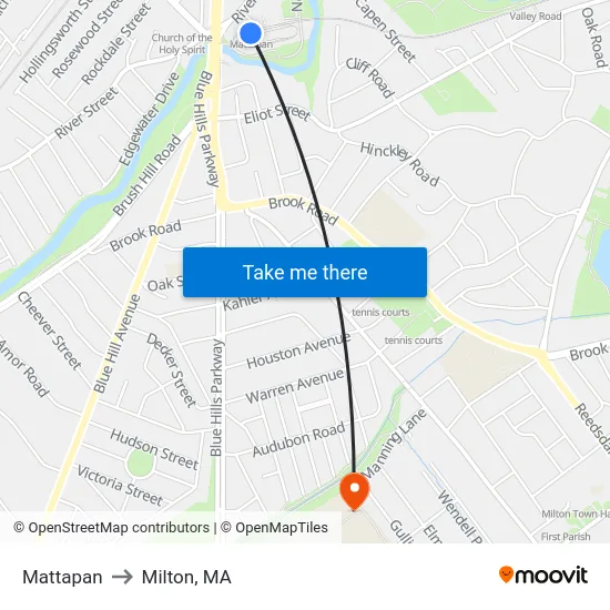 Mattapan to Milton, MA map