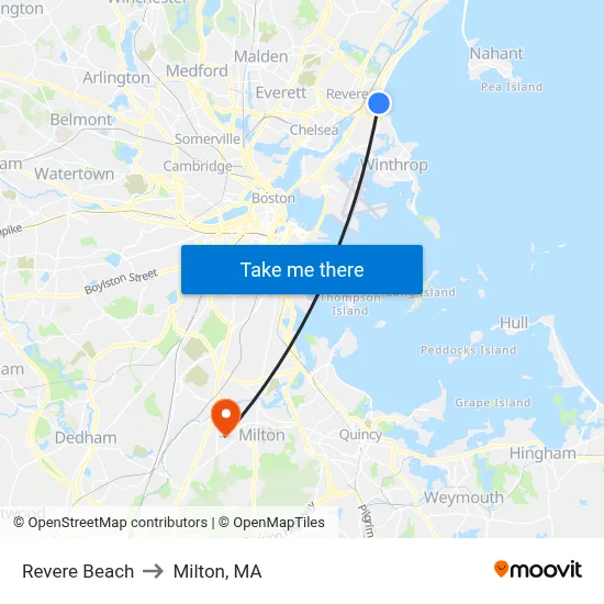 Revere Beach to Milton, MA map