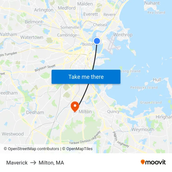 Maverick to Milton, MA map
