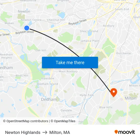 Newton Highlands to Milton, MA map