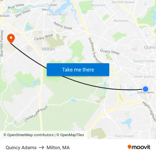 Quincy Adams to Milton, MA map