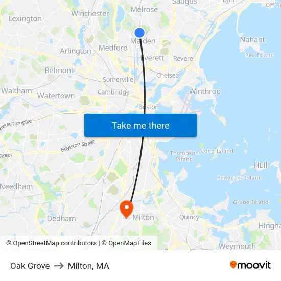 Oak Grove to Milton, MA map