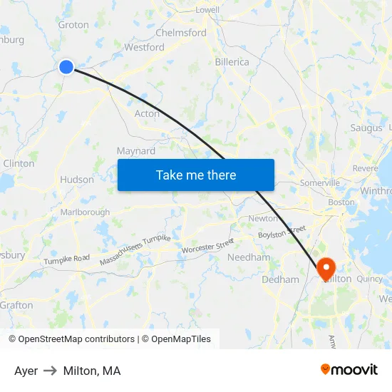 Ayer to Milton, MA map
