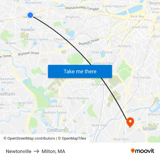 Newtonville to Milton, MA map