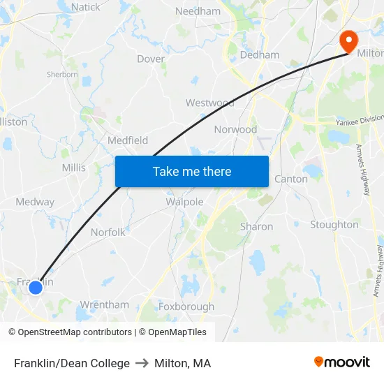 Franklin/Dean College to Milton, MA map