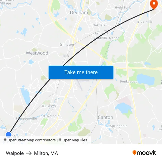 Walpole to Milton, MA map