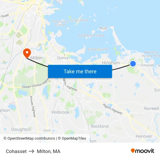 Cohasset to Milton, MA map