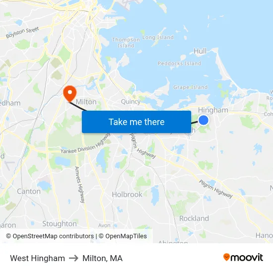 West Hingham to Milton, MA map