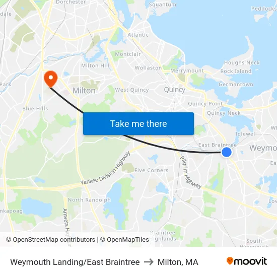 Weymouth Landing/East Braintree to Milton, MA map