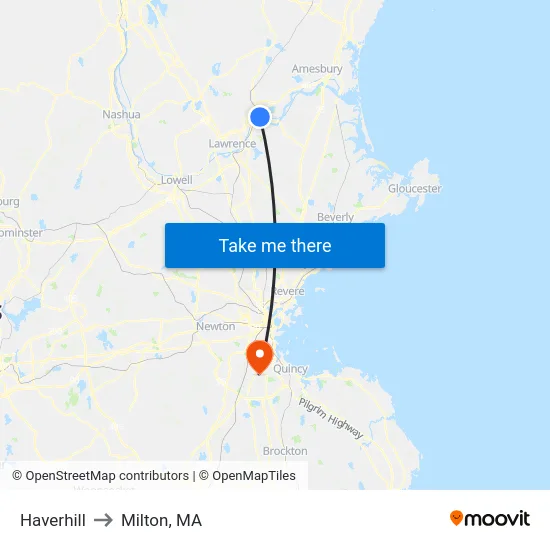Haverhill to Milton, MA map