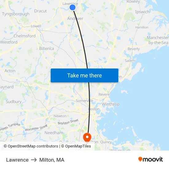 Lawrence to Milton, MA map