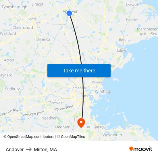 Andover to Milton, MA map