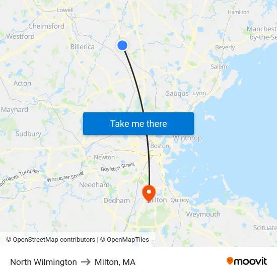 North Wilmington to Milton, MA map