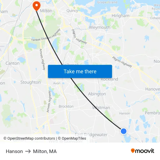 Hanson to Milton, MA map