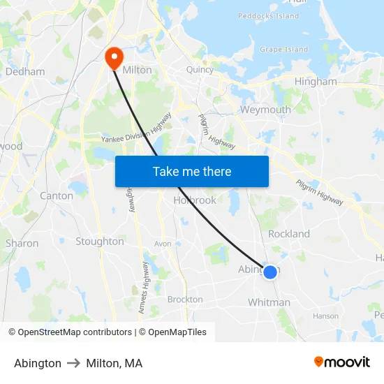 Abington to Milton, MA map