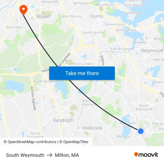 South Weymouth to Milton, MA map
